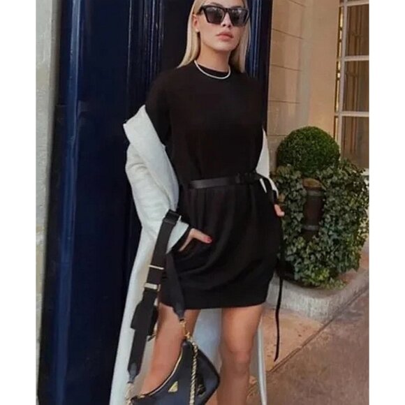 Alo Cityscape Sweatshirt Dress Black Belted Belt Edgy Long Sleeve Sweater Mini - Picture 9 of 15